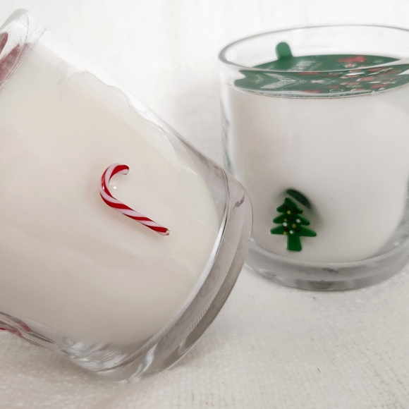 Set of 2 Christmas Glass Candles - Candy Cane & Green Christmas Tree - New - Picture 3 of 6